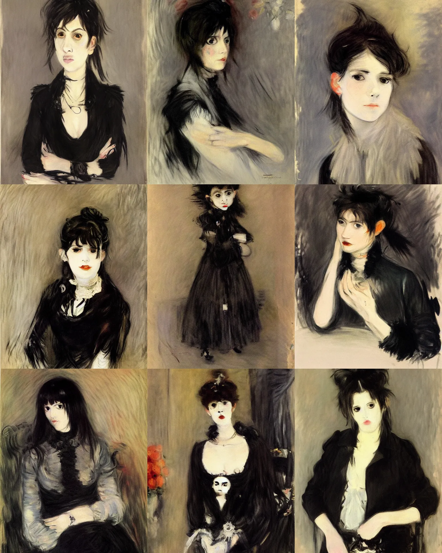 Prompt: A goth portrait by Berthe Morisot. She has large evil eyes with entirely-black sclerae!!!!!! She has a slightly rounded face, with a pointed chin, and a small nose. Her hair is dark brown and cut into a short, messy pixie cut. She is wearing a black leather jacket, a black knee-length skirt, a black choker, and black leather boots.