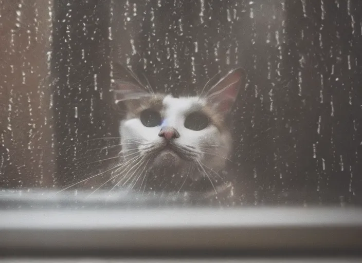 Image similar to photography of a Cat . watching outside the window while it rains. on a bed. in a 70's room full of vinyls and posters, photorealistic, raining award winning photo, 100mm, sharp, high res