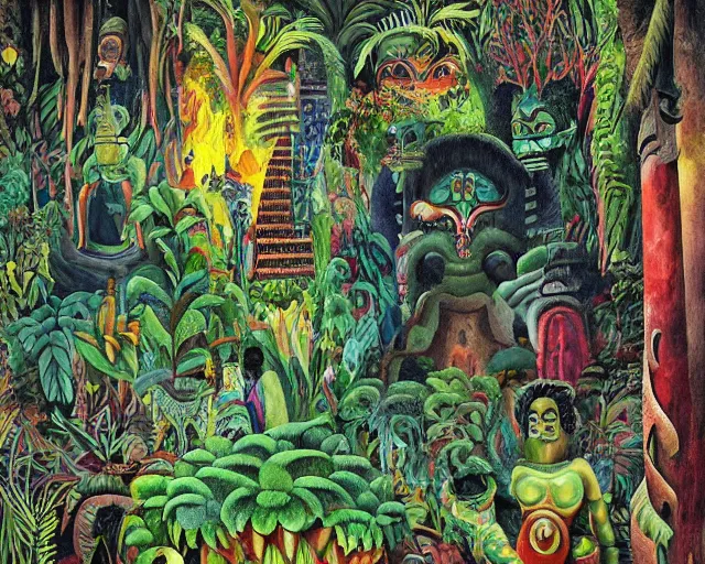 Prompt: surreal colorful nightmarish garden las pozas, mayan jaguar warrior, artwork by ralph bakshi and diego rivera