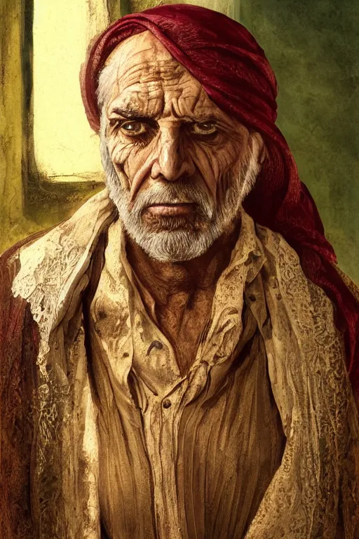 Prompt: portrait, headshot, digital painting, of a 15th century, beautiful, old aged, middle eastern, wrinkles, wicked, desert merchant man, dark hair, amber jewels, baroque, ornate dark green clothing, scifi, futuristic, realistic, hyperdetailed, concept art, chiaroscuro, side lighting, art by waterhouse