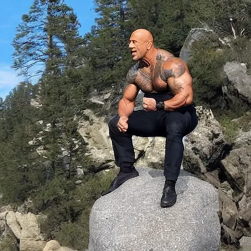 Prompt: dwayne johnson standing on a rock and singing in a rock concert