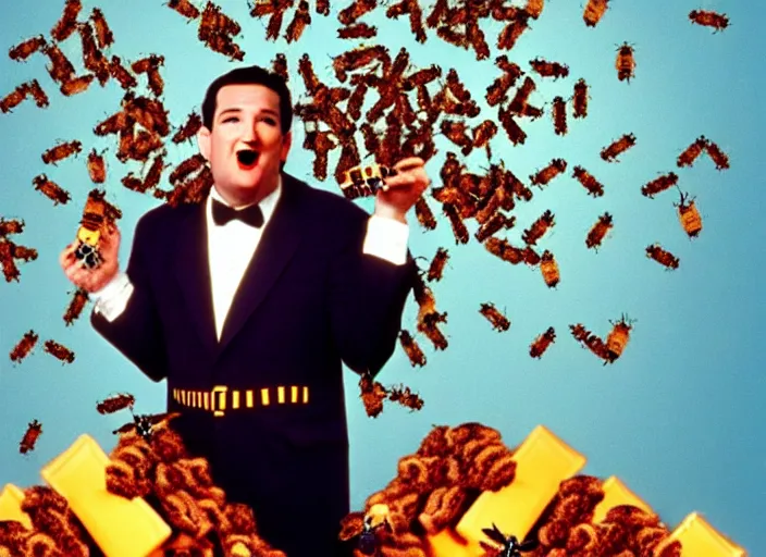 Image similar to film still of ted cruz as the candyman with bees coming out of his mouth in candyman 1 9 9 2