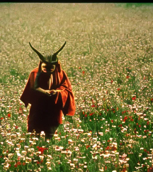 Prompt: encounter with satan in beautiful meadow of flowers, film photo from 1970s, grainy, high detail, high resolution