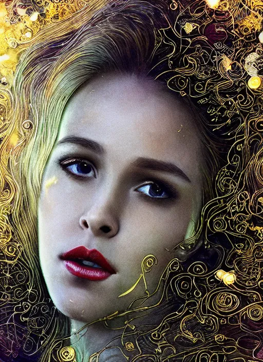 Image similar to glowing silver and golden elements, full close-up portrait, young female Ryan Gosling as a dark witch, book cover, green forest, white moon, red lips, establishing shot, extremly high detail, photo-realistic, cinematic lighting, pen and ink, intricate line drawings, by Yoshitaka Amano, Ruan Jia, Kentaro Miura, Artgerm, post processed, concept art, artstation, matte painting, style by eddie, raphael lacoste, alex ross