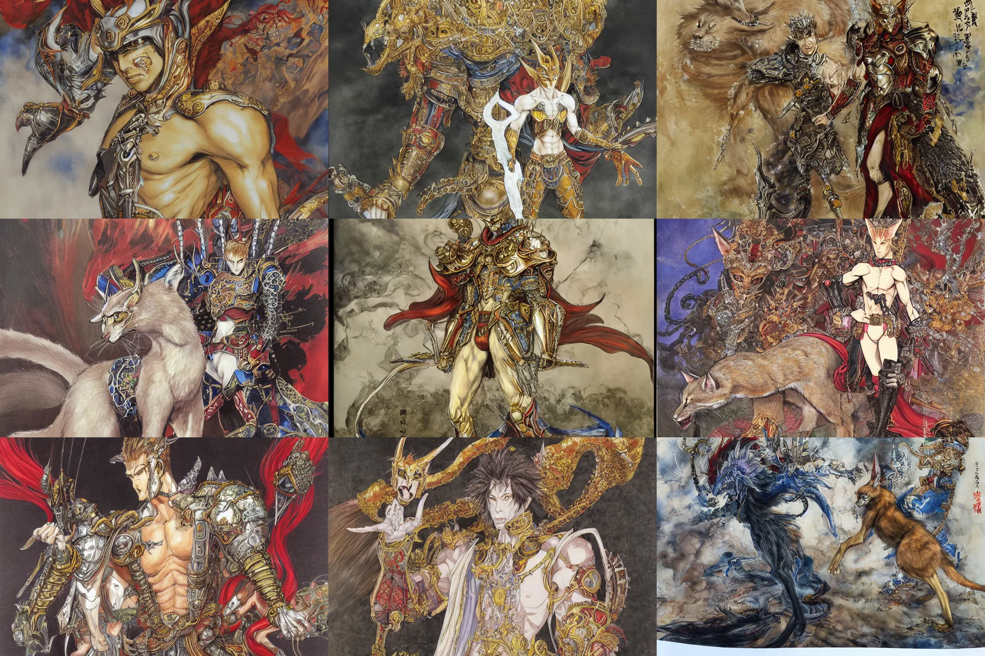 Prompt: 8k Yoshitaka Amano painting of upper body of a young cool looking slim caracal beast-man with white mane at a royal palace. He is wearing complex fantasy armors. Renaissance style.