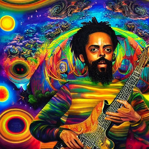 Image similar to a high hyper detailed painting with many complex textures of damian marley making music in the cosmos, cosmic surreal psychedelic magic realism spiritual ufo art