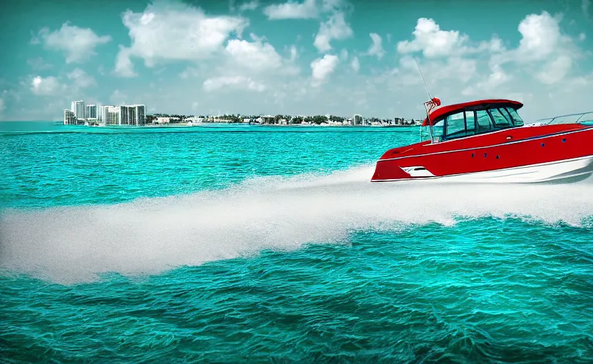 Prompt: photorealistic picture of a red scarab 3 8 kv boat driving in turquoise water. miami. 8 0's style