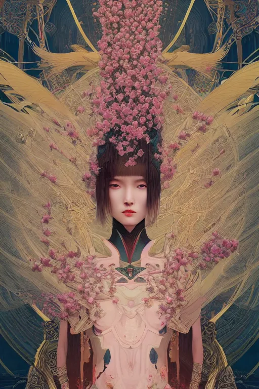 Image similar to portrait full body girl 3 kingdom breathtaking detailed concept art painting art deco pattern of birds goddesses amalmation flowers head thibetan temple, by hsiao ron cheng, tetsuya ichida, bizarre compositions, tsutomu nihei, exquisite detail, extremely moody lighting, 8 k, art nouveau, old chines painting, art nouveau