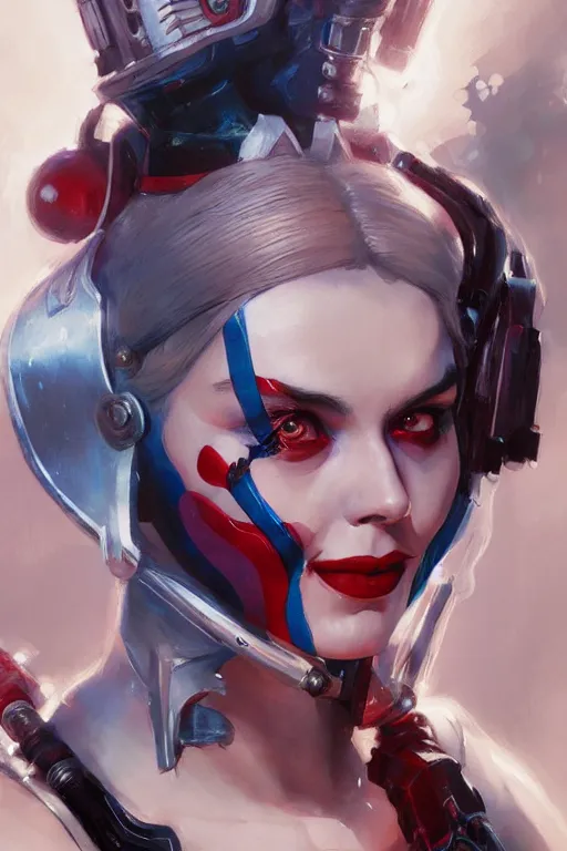 Image similar to portrait of Harley Quinn in bikini armor, dc comics, cyberpunk, Warhammer 40000, dark fantasy, digital art from artstation by Ruan Jia and Mandy Jurgens and Artgerm and william-adolphe bouguereau