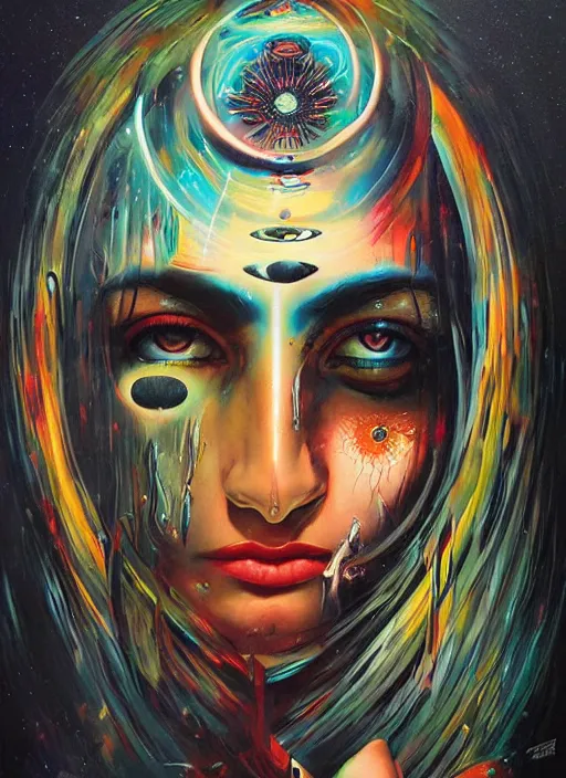 Image similar to enlightened cult psychic woman, symmetrical painted face, third eye, energetic consciousness psychedelic scene, epic surrealism expressionism symbolism, story telling, iconic, dark robed, oil painting, dark myth mythos, by Sandra Chevrier , Bruce Pennington, masterpiece