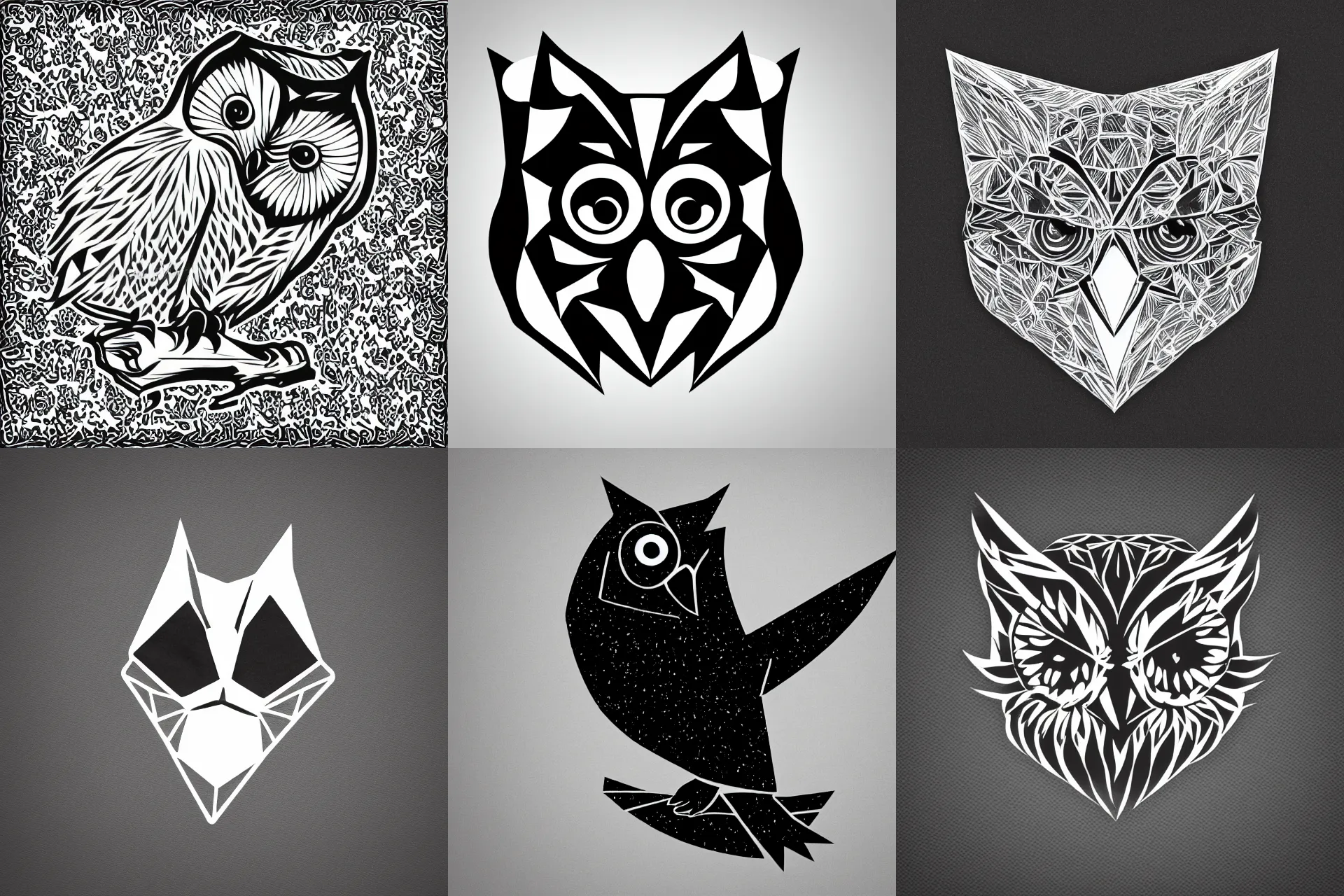 Prompt: logo featuring an owl's head as origami art, flat, black and white colors, cut style