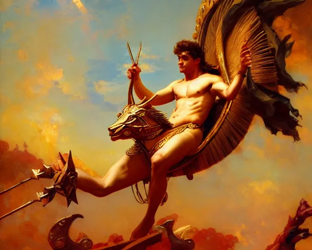 Image similar to attractive apollo greek god, riding his fire chariot. highly detailed painting by gaston bussiere, craig mullins, j. c. leyendecker 8 k