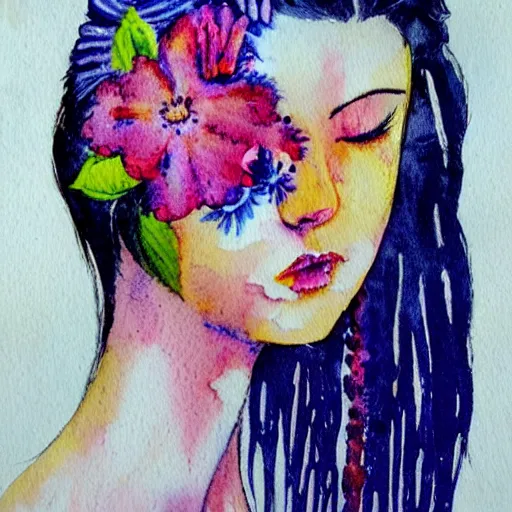 Prompt: a painting of a woman with flowers in her hair, a watercolor painting by alice mason, deviantart, psychedelic art, deviantart, detailed painting, watercolor
