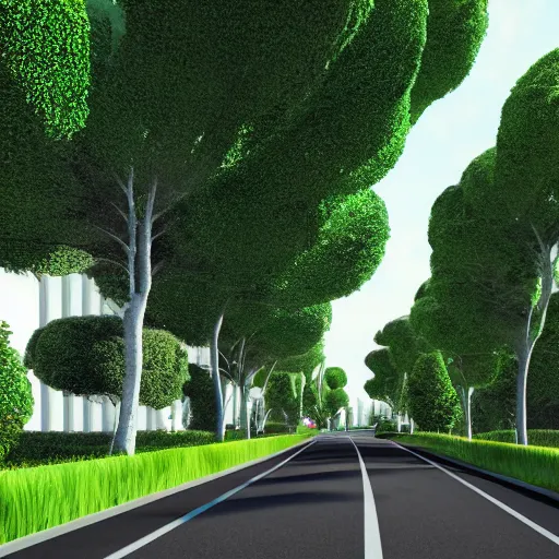 Image similar to road leading to a beautiful green modern city, octane render