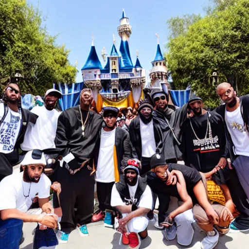 Prompt: a group of rappers, at disneyland, group photo