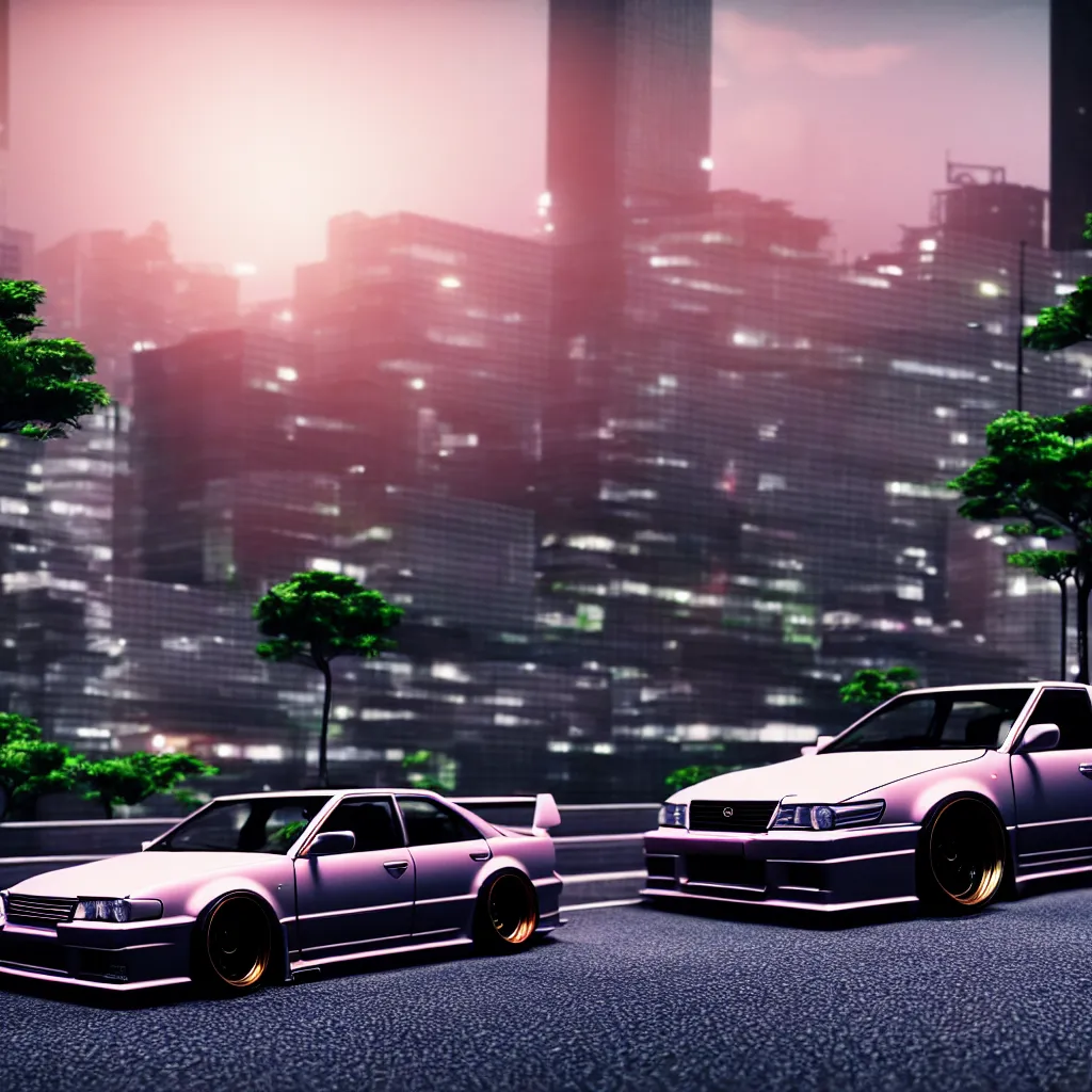 Image similar to zoom on car JZX100 twin turbo drift parked, Tokyo prefecture, Japanese architecture, city sunset mist lights, cinematic lighting, photorealistic, detailed alloy wheels, highly detailed, photoshoot