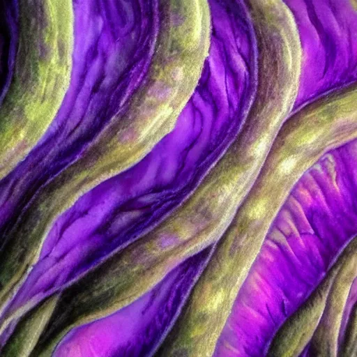 Image similar to a mushroom's gills from the bottom that is purple and grey with psychedelic patterns ; maximum realism ; maximum detailed close - up ; dramatic lighting