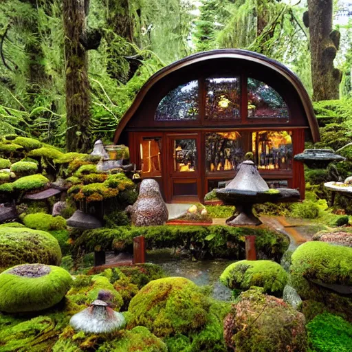 Prompt: pacific northwest tea house, moss, reishi mushrooms, teapots, forest themes, beautiful elaborate interior design, modern teahouse design, j-tea international