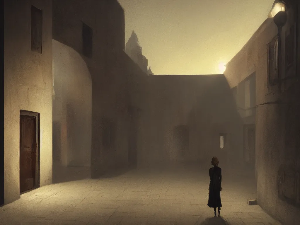 Prompt: a detailed matte painting of a nightscene with a dark alley at the end an illuminated door in the style of greg rutkowski and edward hopper