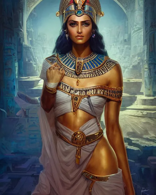 Image similar to Jessica Kahawaty as a beautiful egyptian princess, gorgeous, portrait, Symmetrical, powerful, intricate, beautiful, masterpiece, elegant, volumetric lighting, highly detailed, artstation, sharp focus, no cropping, illustration, Peter Mohrbacher, Artgerm, Jean-Leon Gerome , ruan jia