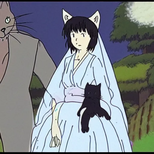 Prompt: a black cat wearing a white wedding dress, Miyazaki, studio ghibli