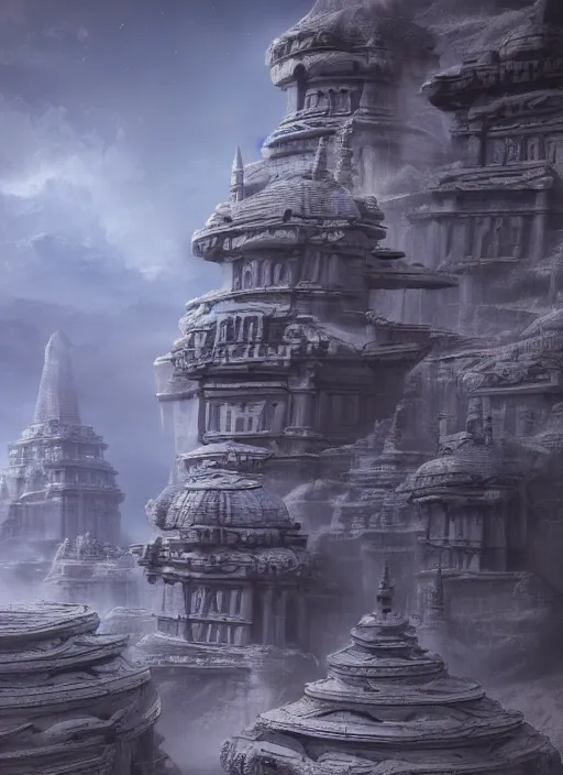 Prompt: landscape of futuristic ancient temples, magical, detailed terrain, ultra realistic, cinematic lighting, depth of field, trending on artstation