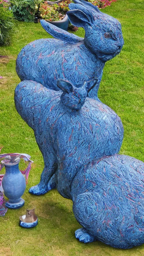 Image similar to a detailed huge rabbit statue beside a big blue persian pot by rafael