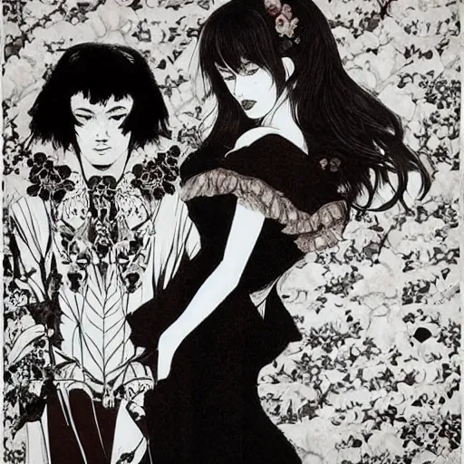 Prompt: symmetrical pretty elegant brigitte bardot as a vampire with friend, very detailed style of takato yamamoto lots of flowers