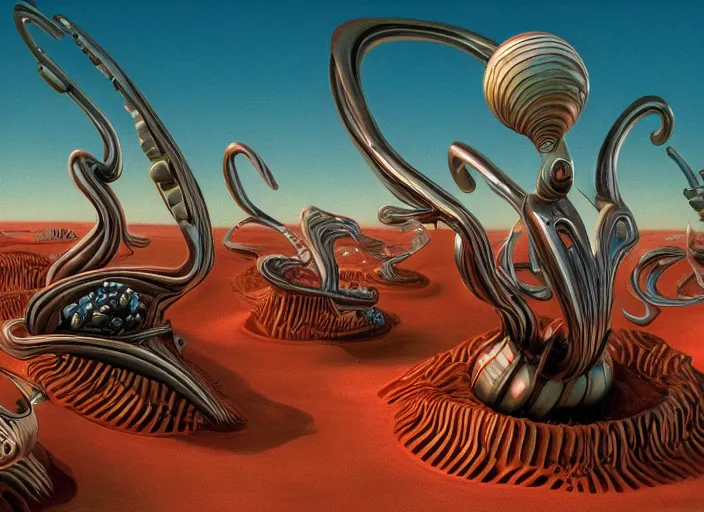 Prompt: close up photography of strange surrealist detailed alien electronic-musical-instruments!! in a bryce 3d surrealist landscape biome, designed by pixar!!, Michael Whelan art directs Dune (1984), hyper detailed, photorealistic, 8k, hd