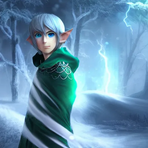 Prompt: elf boy render as a very beautiful 3d anime boy, silver hair, azur green eyes, full round face, belly free Cloak, short smile, in snow, cinematic lightning, medium shot, mid-shot, highly detailed, trending on Artstation, Unreal Engine 4k, cinematic wallpaper
