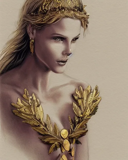 Image similar to tattoo design sketch of cute beautiful blonde super model as aphrodite greek goddess wearing a gold laurel wreath and triangle earrings, beautiful piercing gaze with sharp pupils, in the style of greg rutkowski, fantasy, amazing detail, epic, elegant, smooth, sharp focus, front view