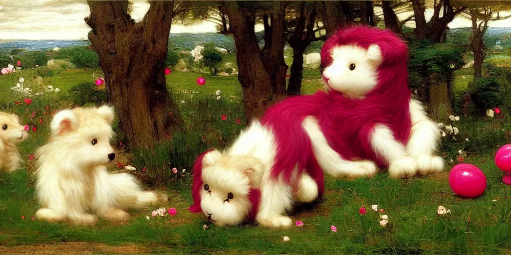 Prompt: 3 d precious moments plush animal with realistic fur and an olive green / dark red / fuchsia / off white color scheme, landscape, master painter and art style of john william waterhouse and caspar david friedrich and philipp otto runge