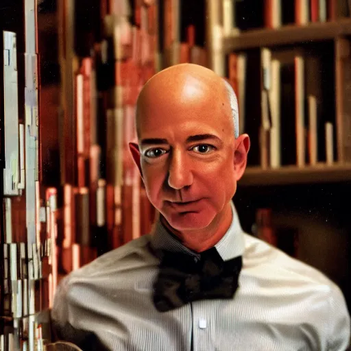 Prompt: Jeff Bezos abandoning humanity to join the singularity. CineStill