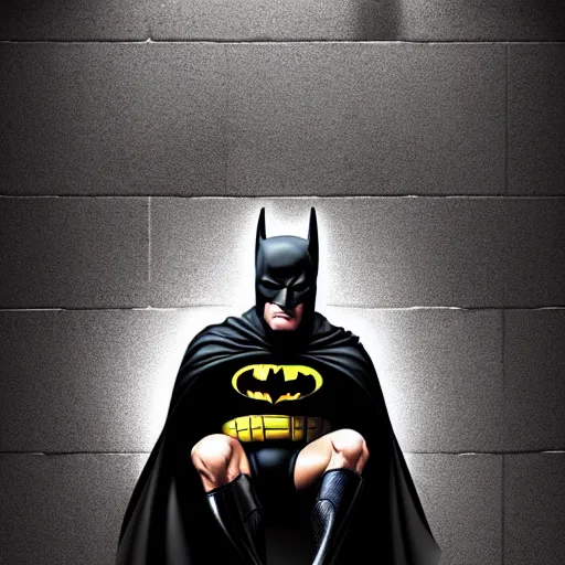 Image similar to low - angle shot from the ground of batman sitting on a toilet with pants down, dirty wall tiles, claustrophobic room, hyper - realistic comic digital art by tony daniel, dramatic lights, realistic, very very detailed, 4 k, dark colours