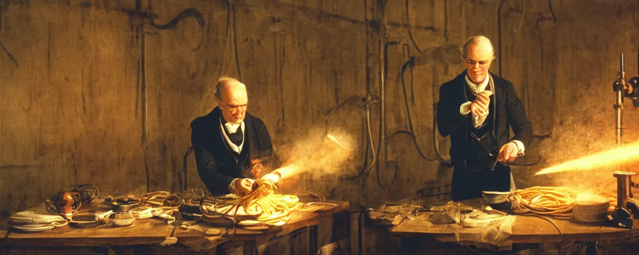 Prompt: james watt inventing the spaghetti steam engine, canon 5 0 mm, cinematic lighting, photography, retro, film, kodachrome