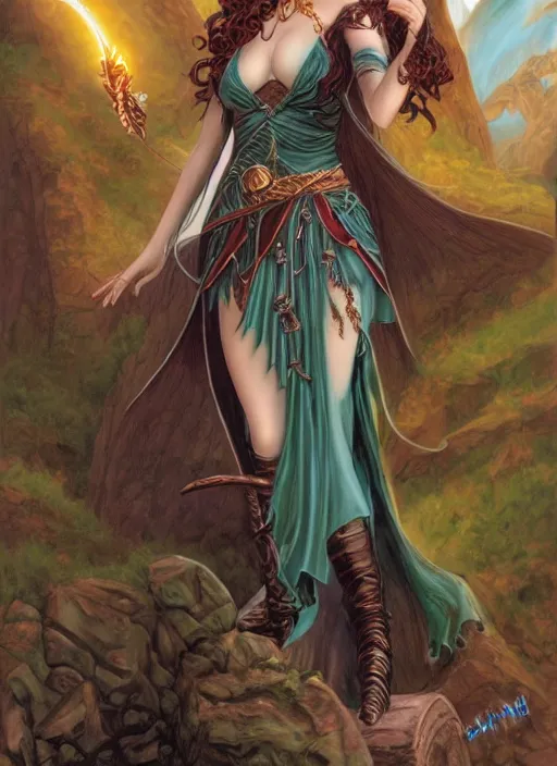 Prompt: a beautiful elf witch with long curly dark hair, holding a wand with a very large magical gemstone at the top radiating energy, d & d fantasy character, detailed matte painting, studio lighting, octane render, by larry elmore and michael whelan