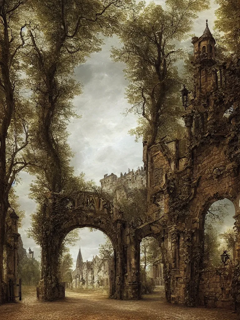 Prompt: beautiful digital painting high quality heavy iron gothic gate in the woods cobblestone ground by Bernardo Bellotto, artstation behance