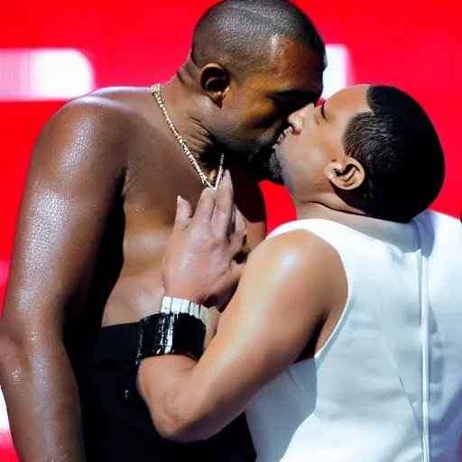 Image similar to donald trump kissing kanye west with tongue, kim kardashian crying in the background