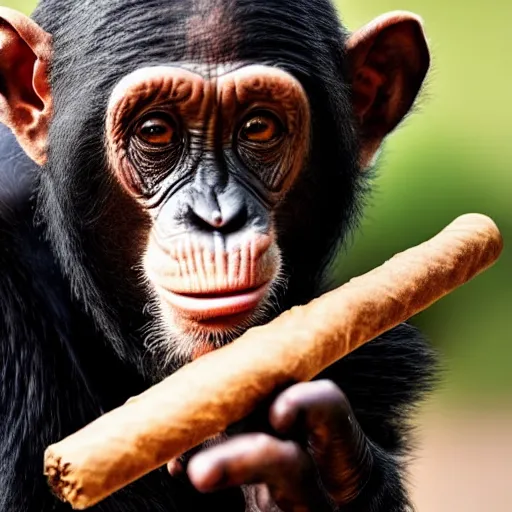 Image similar to a high detail closeup shot of a chimp wearing a suit, smoking a cigar