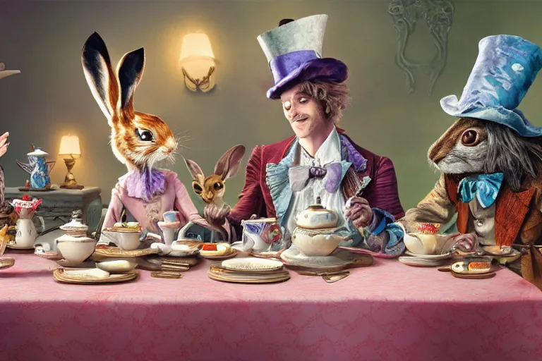 Prompt: Alice , the march hare and the mad hatter , at a long tea table , having a tea party , highly detailed, high quality, concept art, 8k, calm, trending on Artstation