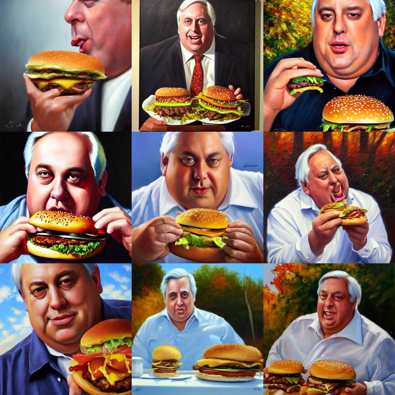 Prompt: stunning portrait of Clive Palmer eating burgers by Mark Arian, oil on canvas, masterpiece, realism, piercing gaze, autumn bokeh