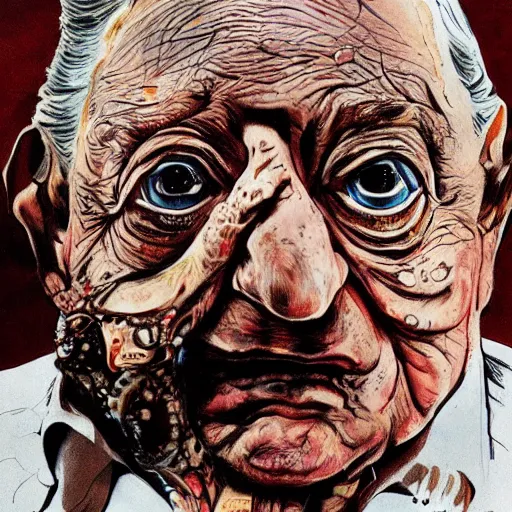 Image similar to George Soros by Ralph Steadman, illustration, body horror, biopunk