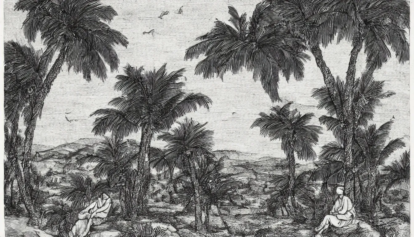 Image similar to a person sits on a large hill while wind blows the palm trees, pen and ink, 1 5 0 0 s, 8 k resolution