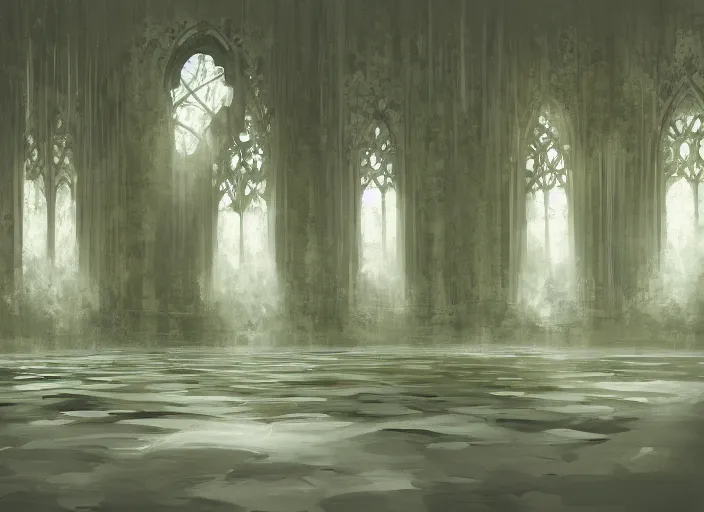 Image similar to clean neat clarity professional visual development set design, large gothic hall, sparse plants, dim painterly lighting volumetric aquatics, impasto, trending on pixiv