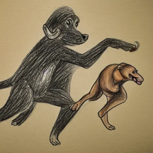 Prompt: drawing of dog chasing monkey