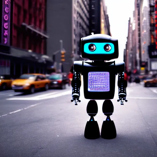 Image similar to a cute little robot in new york city. super realistic 8 k render of a dark hooded powerful elegant, cinematic composition