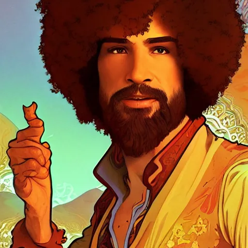 Image similar to an ultra detailed vector image of bob ross dressed as the prince of persia, concept art by alphonse mucha and greg rutkowski, bright red desert sands, bright yellow and red sun, octane render, praise the sun