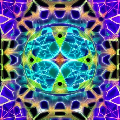 Image similar to a photo of a distant nebular in space with geometric kaleidoscopic pattern of neon colors trending 4 k intricate digital art