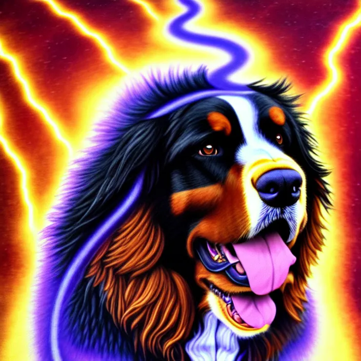 Image similar to an anthropomorphic male bernese mountain dog ( wearing a toga ), shooting lightning bolts, by alex grey, intricate details, artstation, furry, psychedelic, hd, beautiful