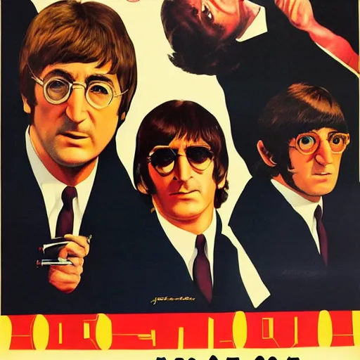 Prompt: john lennon and the beatles star in a james bond movie, 1960s film poster
